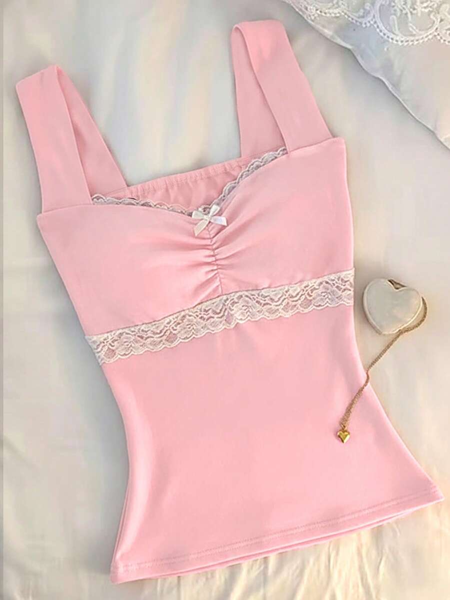 Glimmora 女士蝴蝶结装饰撞色蕾丝粗肩带上衣 - 粉色 - 查看 1