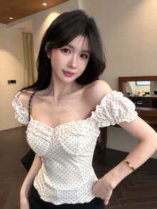 Joudiya 春夏时尚白色波点印花荷叶边单肩露脐修身短款上衣，休闲沙滩度假风女款T恤 - 白色 - 查看 8