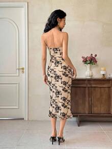 EastFlair Đầm midi cổ yếm họa tiết hoa thanh lịch dành cho nữ, thích hợp cho mùa hè. - Màu be - Xem 3