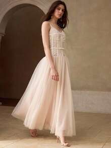 MOTF PREMIUM WOMEN'S SUMMER ROMANTIC CONTRAST LACE MESH UMBRELLA HEM LONG STRAP DRESS - Apricot - View 7