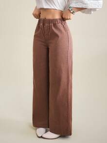 SHEIN Tall Women's Elastic Waist Wide Leg Loose Casual Denim Pants - Coffee Brown - View 6