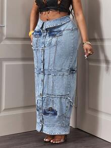 Slaydiva Plus Size Casual Washed Front Button Extra Long Denim Skirt - Blue - View 3