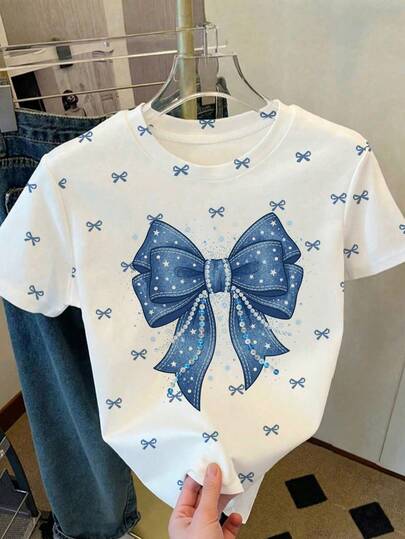 Tween Girl Cute Sweet Faux Denim Rhinestone Bow Decor Round Neck Short Sleeve T-Shirt, Fashionable Elegant Bow Pattern, Suitable For Casual Spring/Summer