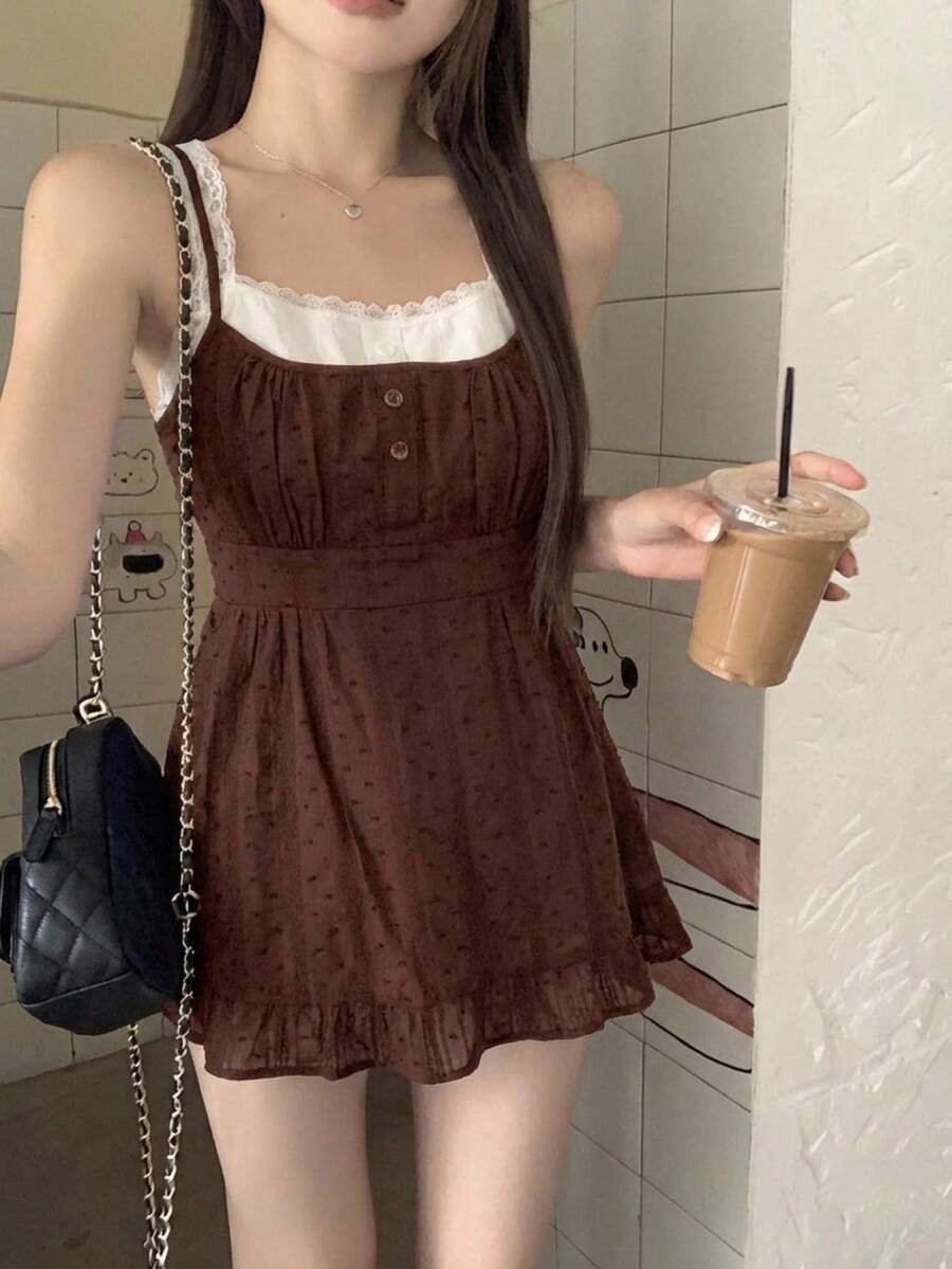 DAZY 女士格子撞色夏季蕾丝边吊带背心 - 咖啡棕 - 查看 1