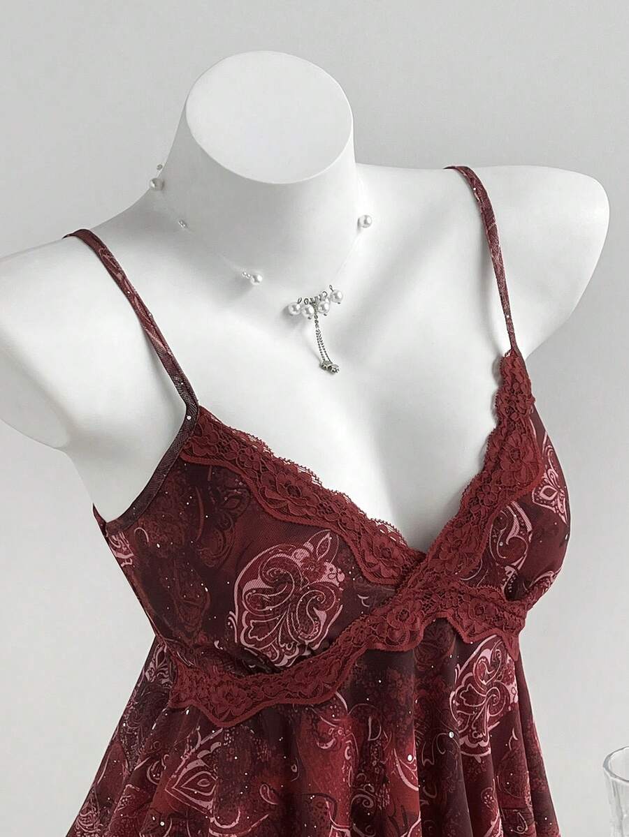 Elamini Vintage Perris Floral Sequin Asymmetric Hem Camisole Patchwork Lace Trim Women Tank Top, Spring/Summer - Red - View 1