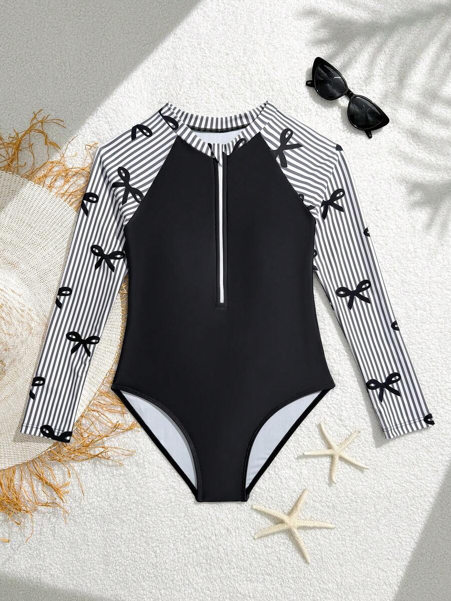 SHEIN 少女条纹蝴蝶结印花拉链连体泳衣 - 黑與白 - 查看 1