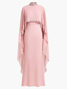 ZEYLAH 女士两件式及地晚礼服——立领披肩，水晶装饰，鱼尾裙摆，雪纺面料，修身剪裁，适合节日派对、婚礼和正式场合。 - 粉色 - 查看 2