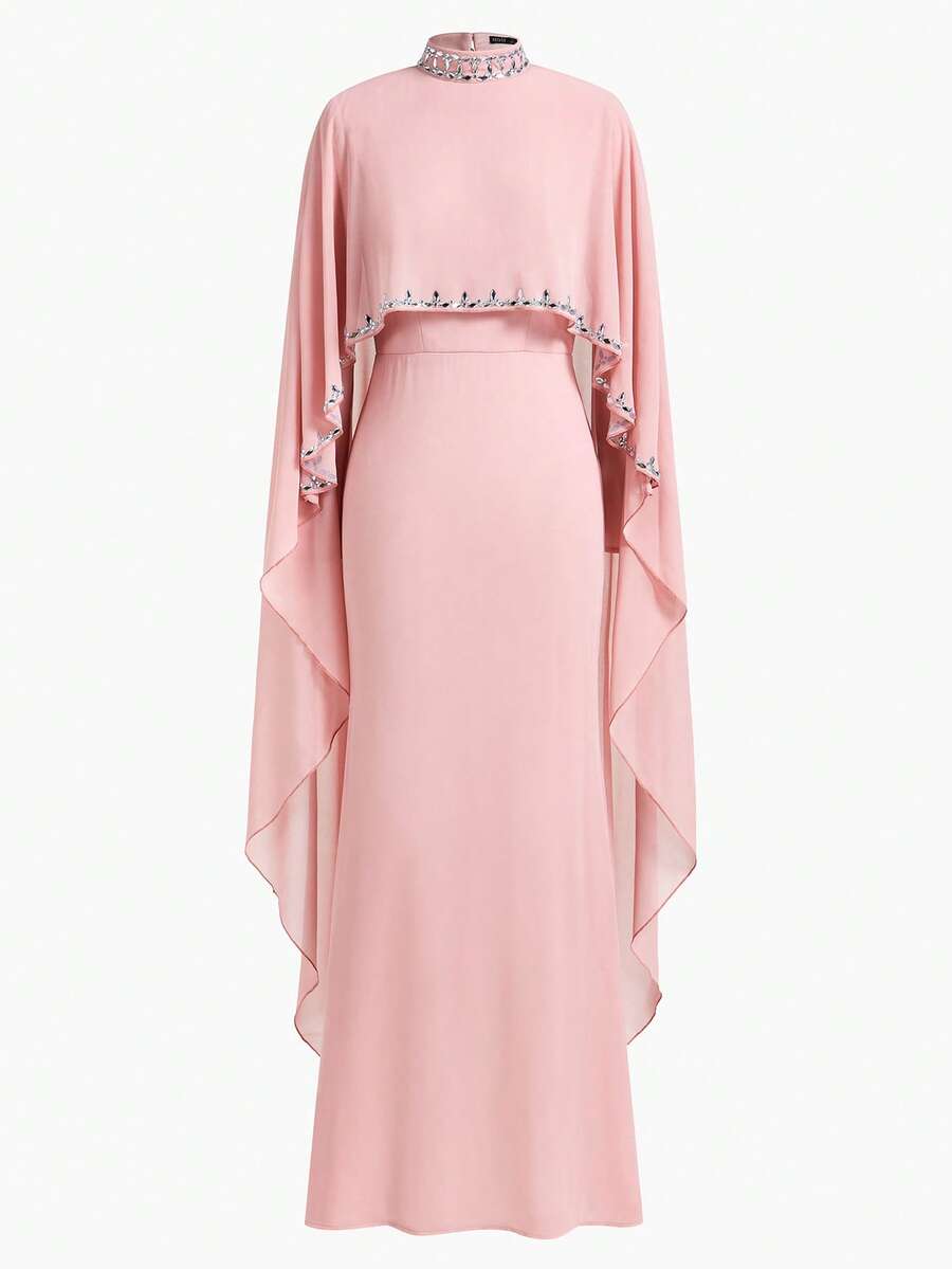 ZEYLAH 女士两件式及地晚礼服——立领披肩，水晶装饰，鱼尾裙摆，雪纺面料，修身剪裁，适合节日派对、婚礼和正式场合。