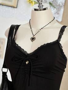SHEIN ICON 大码女式蕾丝拼接褶皱扭结设计休闲百搭约会之夜吊带背心 - 黑色 - 查看 9