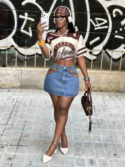 Slaydiva Women's Contrast Color Pocket Casual Versatile Short Denim Skirt