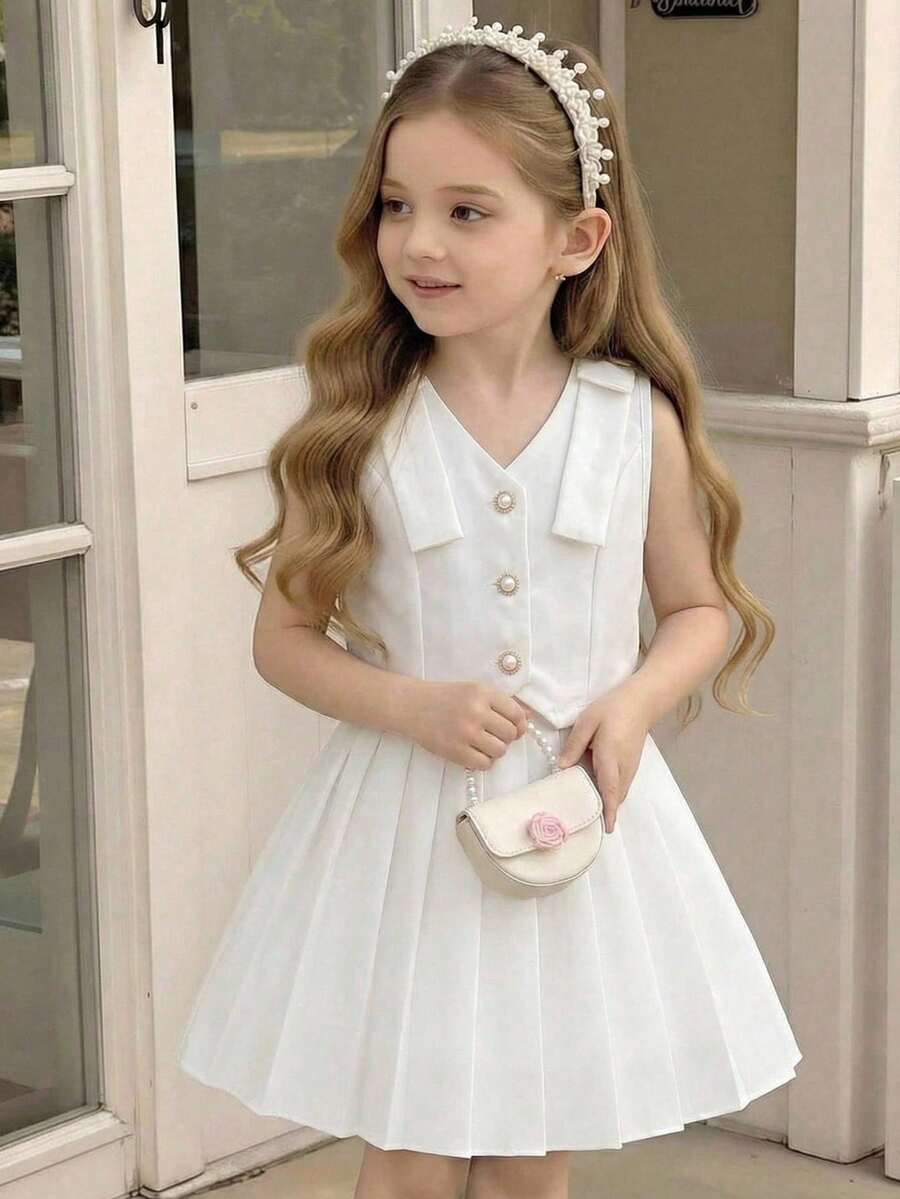Elladie kids 2件套幼儿及少女白色无袖上衣和配套半裙套装,无袖上衣饰有纽扣,尽显精致优雅;百褶裙则展现动感时尚,适合春夏休闲、居家、玩耍、派对等场合穿着。 - 白色 - 查看 1