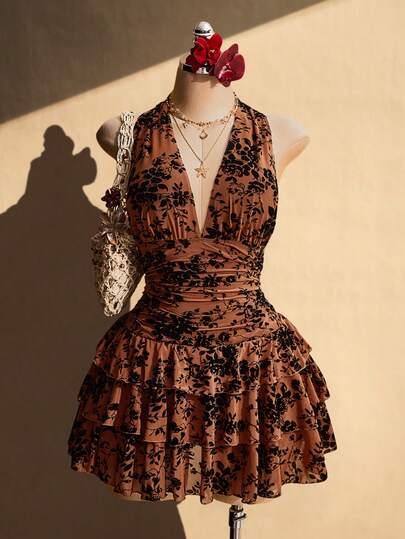 SHEIN ICON Plus Size Mesh Flocked Halter Neck Ruched Waist Multi-Layered Tulle Dress, Music Festival Outfit