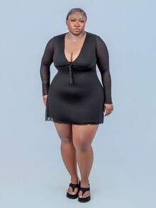 CurvyTilda Vestido de talla grande con cuello en V profundo, decorado con lazo - Negro - Ver 4