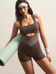 VARSIVA Brown Seamless Women's Backless Sports Jumpsuit, With A Cutout At The Chest, A Professional Backless Women's Sports Jumpsuit Suitable For Professional Fitness Activities, Pilates, Yoga, Running, And Everyday Wear, Suitable For Spring, Summer, Autumn And Winter. - Multicolor - View 8