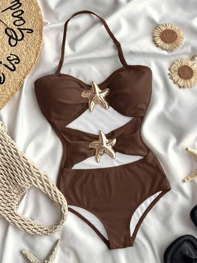 SHEIN Tween Girl Casual Vacation Black 1pc Detachable Strap Hollow Starfish Accent Ruched One-Piece Swimsuit, Summer Beach