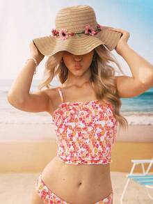 Swim Mod 1 件女士卡其色波浪条纹蝴蝶结夏季海滩遮阳帽，优雅防晒，适合海滩旅行和度假 - 卡其色 - 查看 2