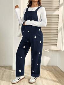 SHEIN Maternity Casual Commuter Daisy Embroidered Jumpsuit - Royal Blue - View 5