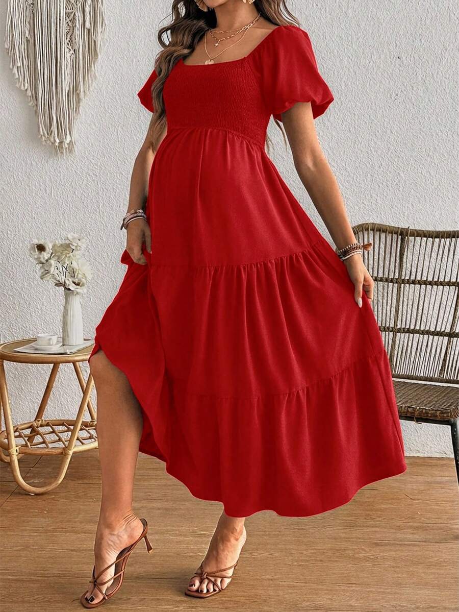 SHEIN 简约休闲纯色方领孕妇连衣裙 - 紅色 - 查看 1