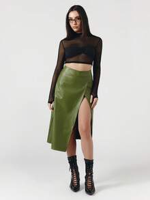 OverBlushhh Falda midi de mujer de cintura alta con vuelo, abertura cruzada lateral, efecto piel de cocodrilo de cuero sintético verde, elegante y chic, para trabajo, oficina, fiesta, primavera - Verde - Ver 3