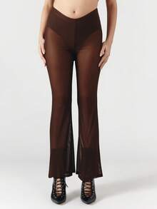 OverBlushhh 女士棕色透视网纱高腰喇叭裤，内置高腰内裤，性感透视，适合夜店、节日、舞蹈场合，搭配高跟鞋，弹力阔腿裤，春夏季 - 棕色 - 查看 2