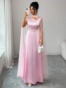 Elenzga Women's Hollow Out Stand Collar Dress - Pink - View 4