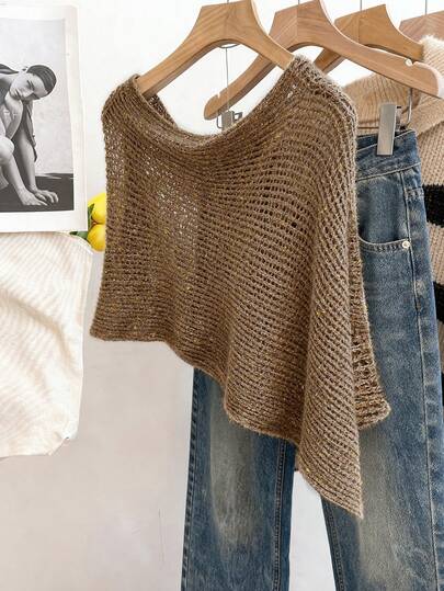 GlowEve Women's Elegant Solid Color Asymmetric Hem Hollow Knit Cover Up, Spring/Summer