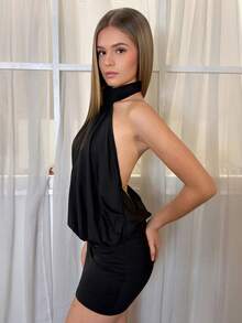 Aless PB Vestido mini ajustado con cuello alto, espalda descubierta y volantes de GloRilla para fiesta - Negro - Ver 6