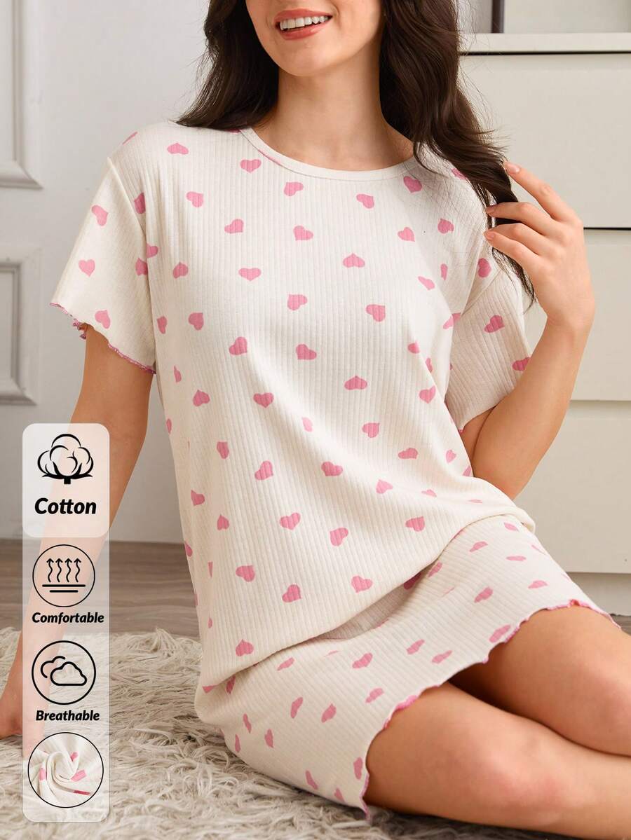 SHEIN 棉质罗纹针织粉色爱心图案圆领短袖长款撞色缝线细节家居舒适休闲睡裙女士睡衣 - 白色 - 查看 1