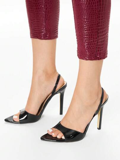 Glitzique 女士尖头亮面皮革后带细高跟凉鞋，户外派对纯色性感优雅派对俱乐部高端黑色高跟鞋