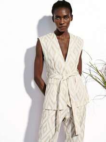 Aveloria Modichic Bộ vest nữ tối giản, thanh lịch, chất lượng cao, tiện dụng hàng ngày, mang phong cách cổ điển, sang trọng, không tay, in họa tiết hình thoi nghệ thuật, kèm thắt lưng và quần ống đứng. - Màu Khaki - Xem 5