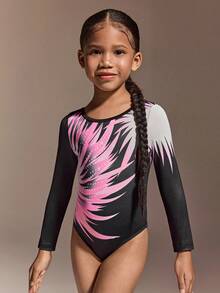 1pc Girls' Gymnastics Leotard, Long Sleeve Digital Print Cute Activewear Bodysuit, Stretchy Black Dancewear - Burgundy - View 6