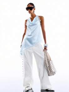 LYSMO Áo hai dây cổ chữ V xẻ sâu phối ren tương phản dành cho nữ - Xanh và trắng - Xem 6