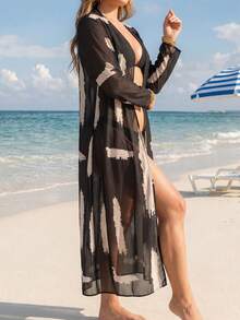 Swim Chiccia Plus Size Women Tie-Dye Loose Cardigan Kimono - Black and White - View 4