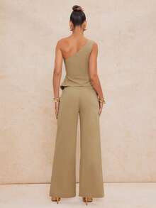 Lumalex Women's Casual One-Shoulder Metal Buckle Outfit Summer Pant Suit Summer Sets Beige Two Piece Set Two Piece Set Women Elegant Early Spring Asymmetric Collar Cinched Waist Straight Leg Women's Suit Set Luxury NewYearNewLook QuietLuxe Prom Gathering Party Banquet Modest Old Money Glitter Holiday Party Rave Festival Outing Vacation Hot Outdoor Richly Layered Wedding VDayGiftGuide RomanticVDayOutfit Season Banquet ID Party New Year Looks Of Party - Khaki - View 3
