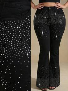 Slaydiva Pantalones vaqueros negros acampanados con diseño de cristales de degradado brillante, atuendo casual de verano para fiestas y vacaciones de verano para mujeres - Negro - Ver 1
