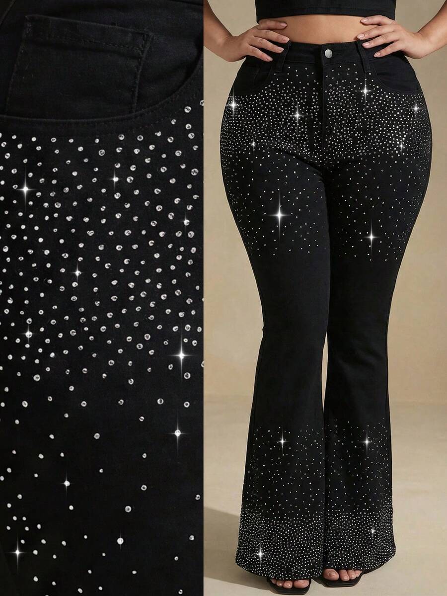 Slaydiva Pantalones vaqueros negros acampanados con diseño de cristales de degradado brillante, atuendo casual de verano para fiestas y vacaciones de verano para mujeres - Negro - Ver 1