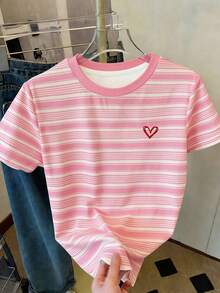SHEIN 女童休闲条纹爱心印花圆领常规T恤，百搭甜美风格，适合春夏日常穿着和外出活动 - 彩色 - 查看 6