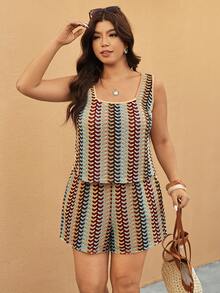 Elaquor 大码女装两件套，拼接上衣和短裤，休闲日常穿着 - 彩色 - 查看 6