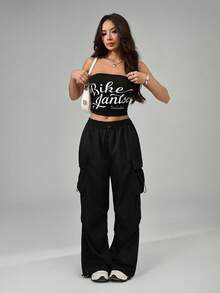 SHEIN PETITE Black Flap Pocket Side Drawstring Waist Parachute Cargo Pants - Black - View 7