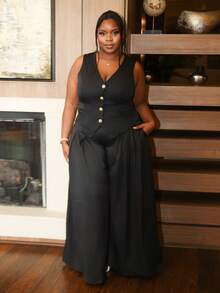 Hourglow 大码女装夏秋季秋季女装新款时尚休闲优雅通勤工作返校服装复古风格教师服装商务女装 7 月 4 日服装休闲女装白色背心套装，黑色 - 黑色 - 查看 4