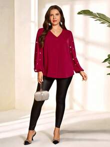 Miaspire Women's Plus Size Burgundy Elegant Blouse,Formal V-Neck Faux Pearl Decor Lantern Sleeve Solid Color Top For Autumn Winter Christmas New Year Cozy - Burgundy - View 4