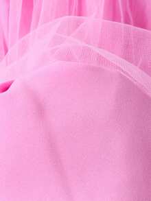 1pc Girls Sweet School Style Pink & White Striped Textured Collar Flare Sleeve Bow Print Mesh Dress, Cute Princess Style For Daily Wear, Birthday Party, Spring/Summer - Pink - View 8