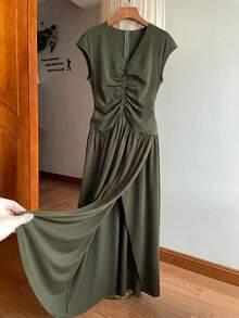 Lyxana Elegant Olive Green Summer V-Neck Short Sleeve Ruched Waist A-Line Midi Dress For Women,Perfect For Brunch,Weddings,Galas,Commute & Graduation Parties - Dark Green - View 1