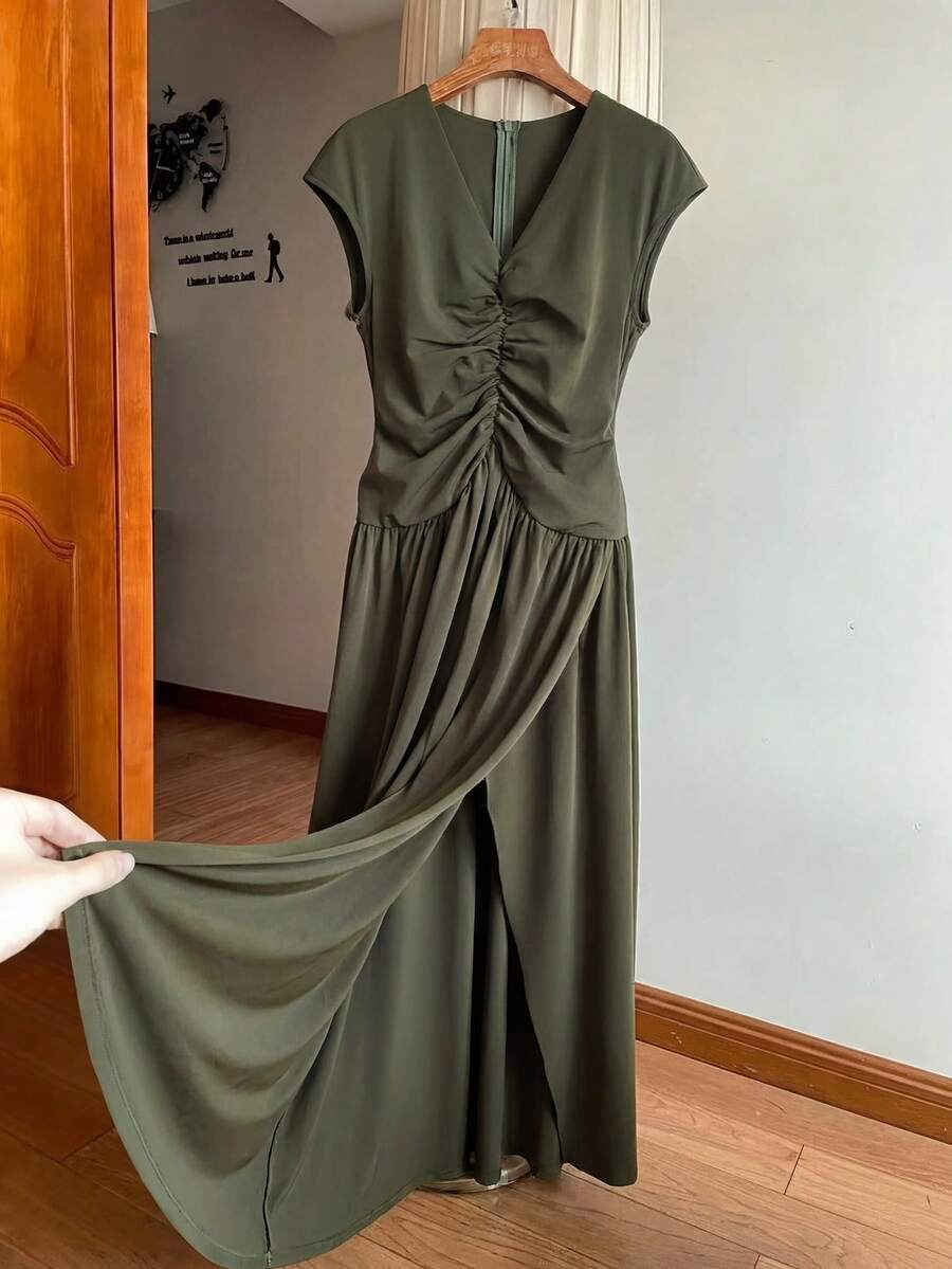 Lyxana Elegant Olive Green Summer V-Neck Short Sleeve Ruched Waist A-Line Midi Dress For Women,Perfect For Brunch,Weddings,Galas,Commute & Graduation Parties - Dark Green - View 1