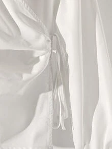 Franclia Classic Commute & Daily Casual V-Neck Tie Waist Lantern Sleeve Blouse, Spring/Summer White Elegant Top Shirts For Women Elegant White Blouses Elegant White Long Sleeve Blouse - White - View 5