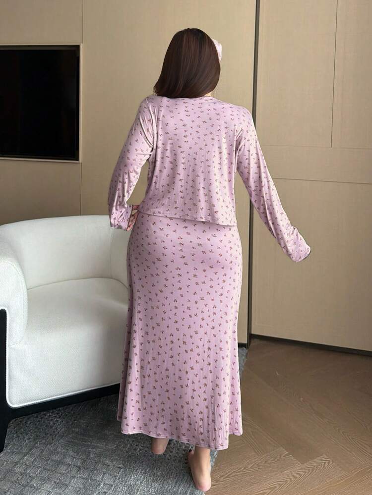 Dazy Plus Plus Size Women Ditsy Floral Sleeveless Maxi Dress & Open Front Cardigan Loungewear Set