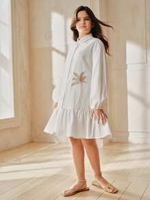Anewsta Girls' Spring/Summer Casual White Embroidered Shirt Dress, Lantern Elastic Waist Embroidered Girls' Dress - White - View 3