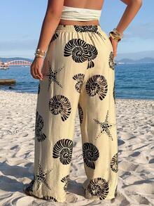 GalTyme 春夏新款休闲日常穿搭，适合派对、音乐节、返校、毕业典礼、度假、街头风、城市漫步等场合，可调节抽绳腰带，奶油焦糖色，饰有大号海星和贝壳印花，舒适宽松版型，大码裤装 - 彩色 - 查看 6