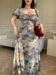 DAZY Women's Floral Pattern Sweetheart Neck Petal Sleeve Elegant Dress - Multicolor - View 3