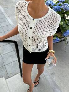 Lumivelle 2026 Women's Spring/Summer New Fashion Hollow Out Vacation Style Knit Cardigan - White - View 5